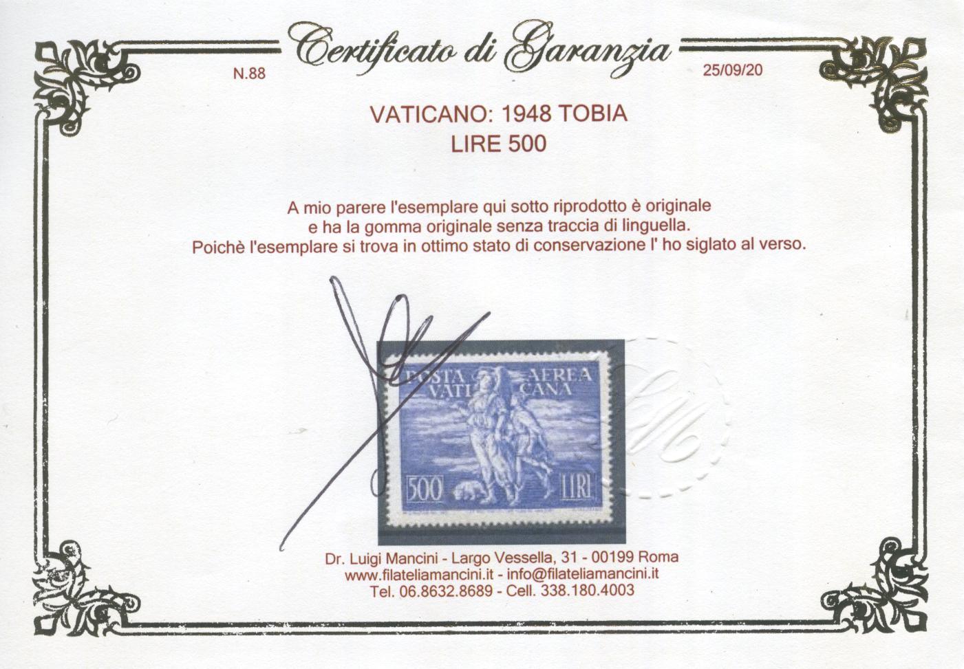 Scansione lotto: VATICANO 1948 TOBIA 2V. 3 ** CENTRATO CERT.