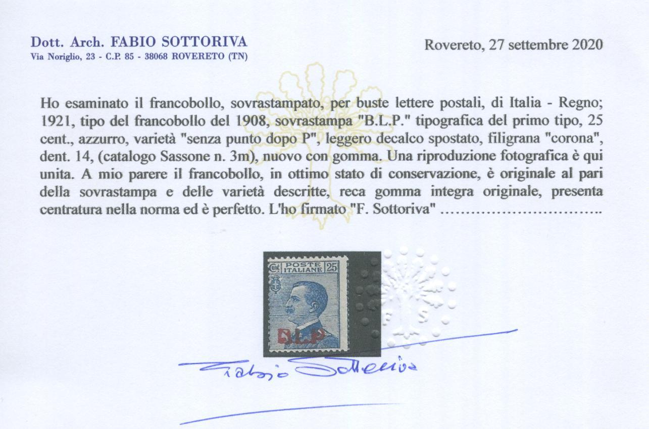 Scansione lotto: REGNO 1921 BLP 25C. I TIPO **  CERT.