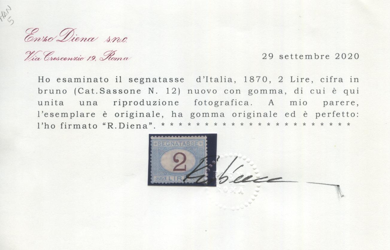 Scansione lotto: REGNO 1870 TASSE L.2 2 *  CERT.