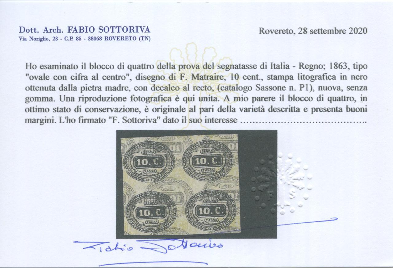 Scansione lotto: REGNO 1863 TASSE 10C. PROVA X4 SG  CERT.