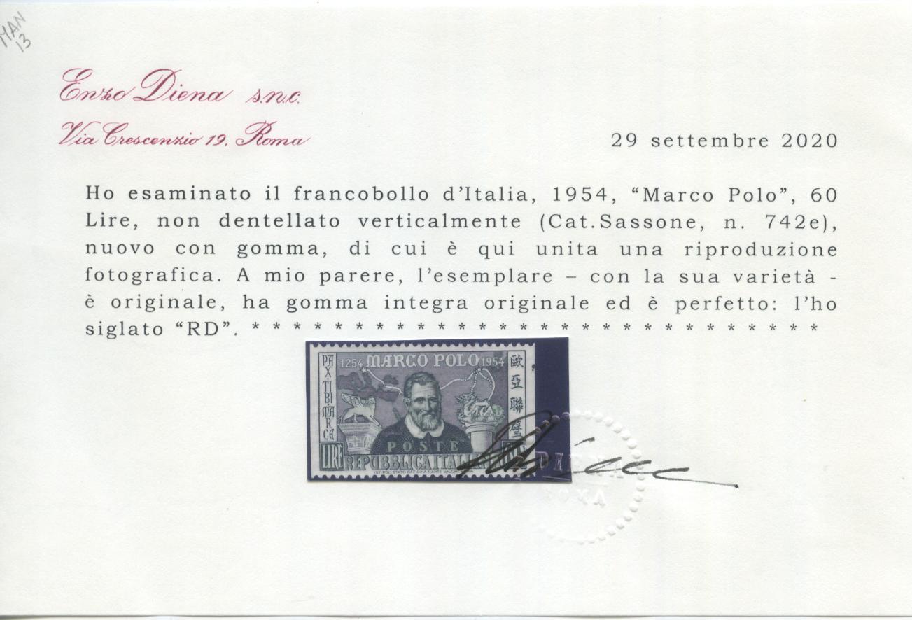 Scansione lotto: REPUBBLICA 1954 L.60 VARIETA' ** LUSSO CERT.