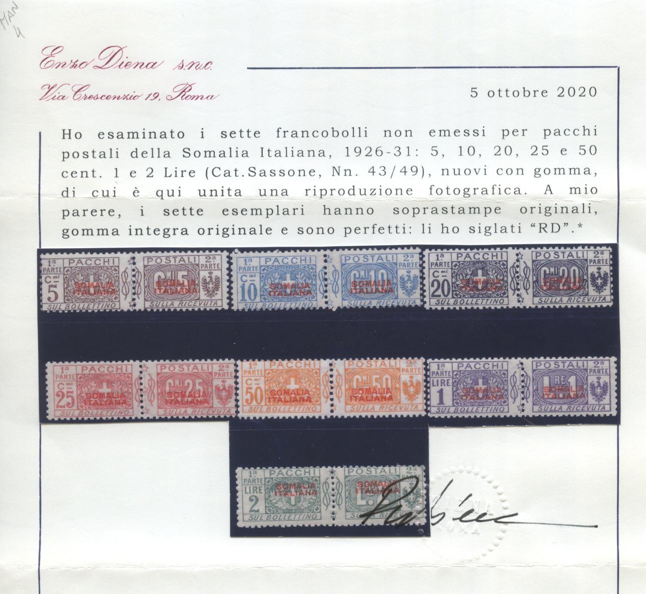 Scansione lotto: COLONIE SOMALIA 1926/31 PACCHI 7V. ** LUSSO CERT.