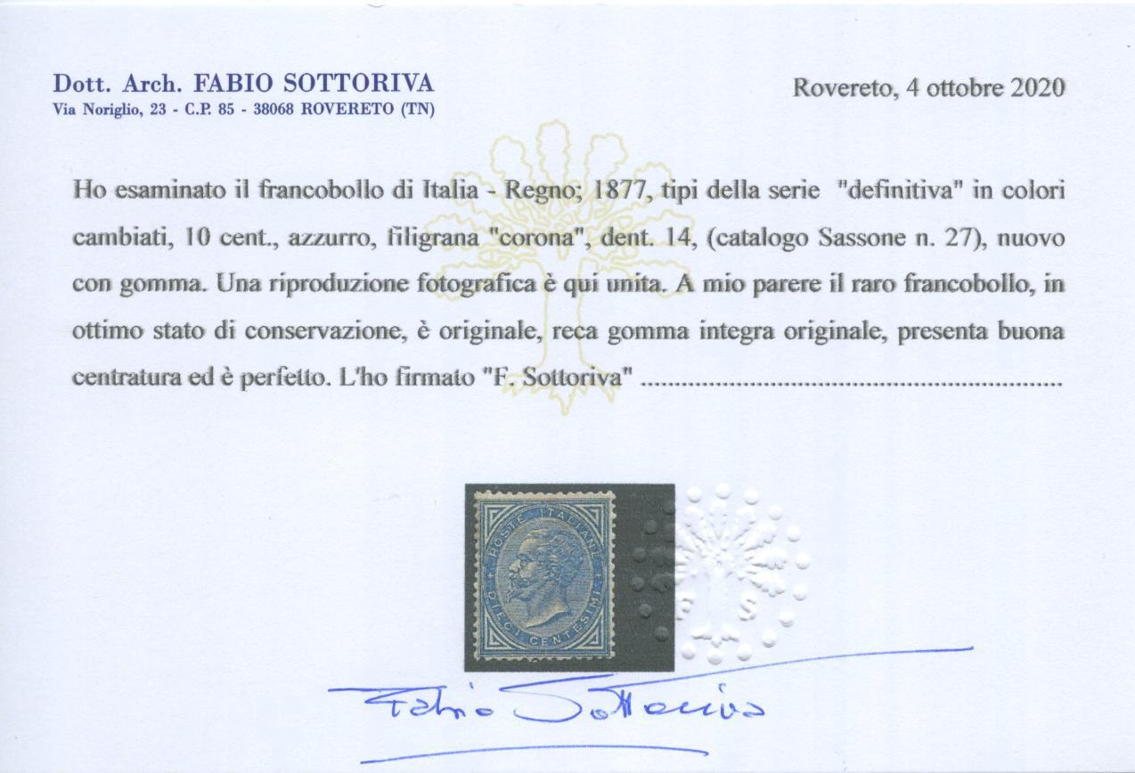 Scansione lotto: REGNO 1877 10C. AZZURRO ** CENTRATO CERT.