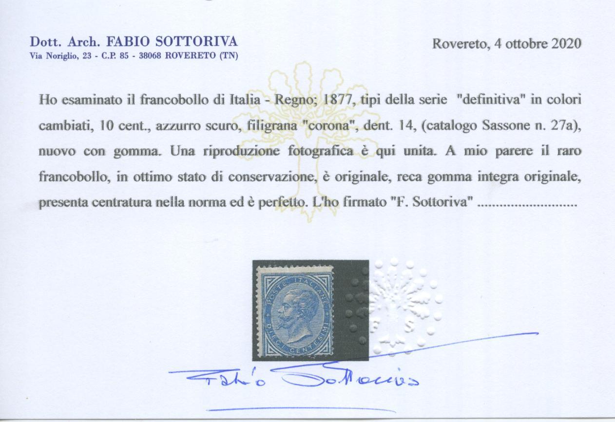 Scansione lotto: REGNO 1877 10C. AZZURRO 2 **  CERT.