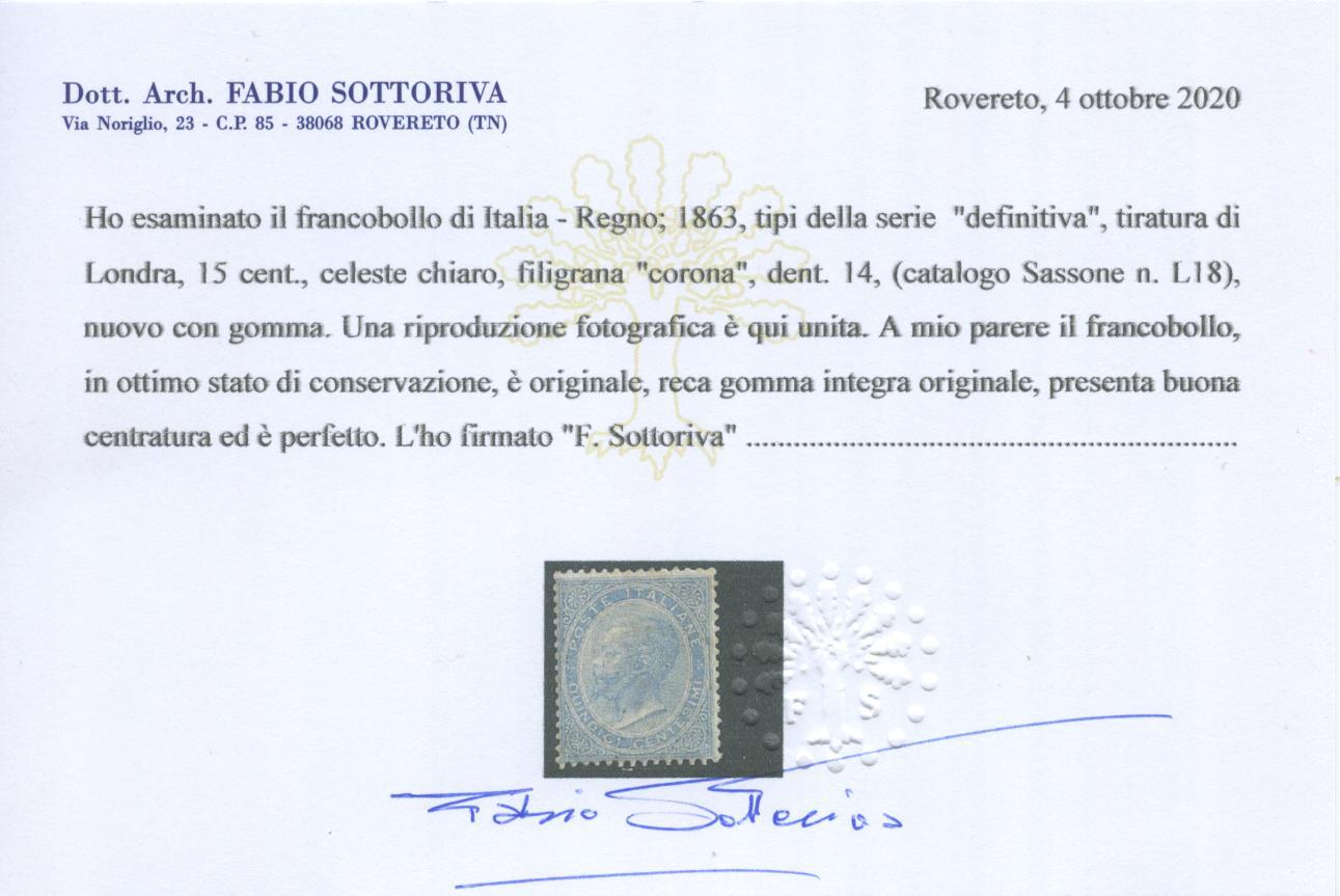 Scansione lotto: REGNO 1863 15C. CELESTE CHIARO 6 **  CERT.