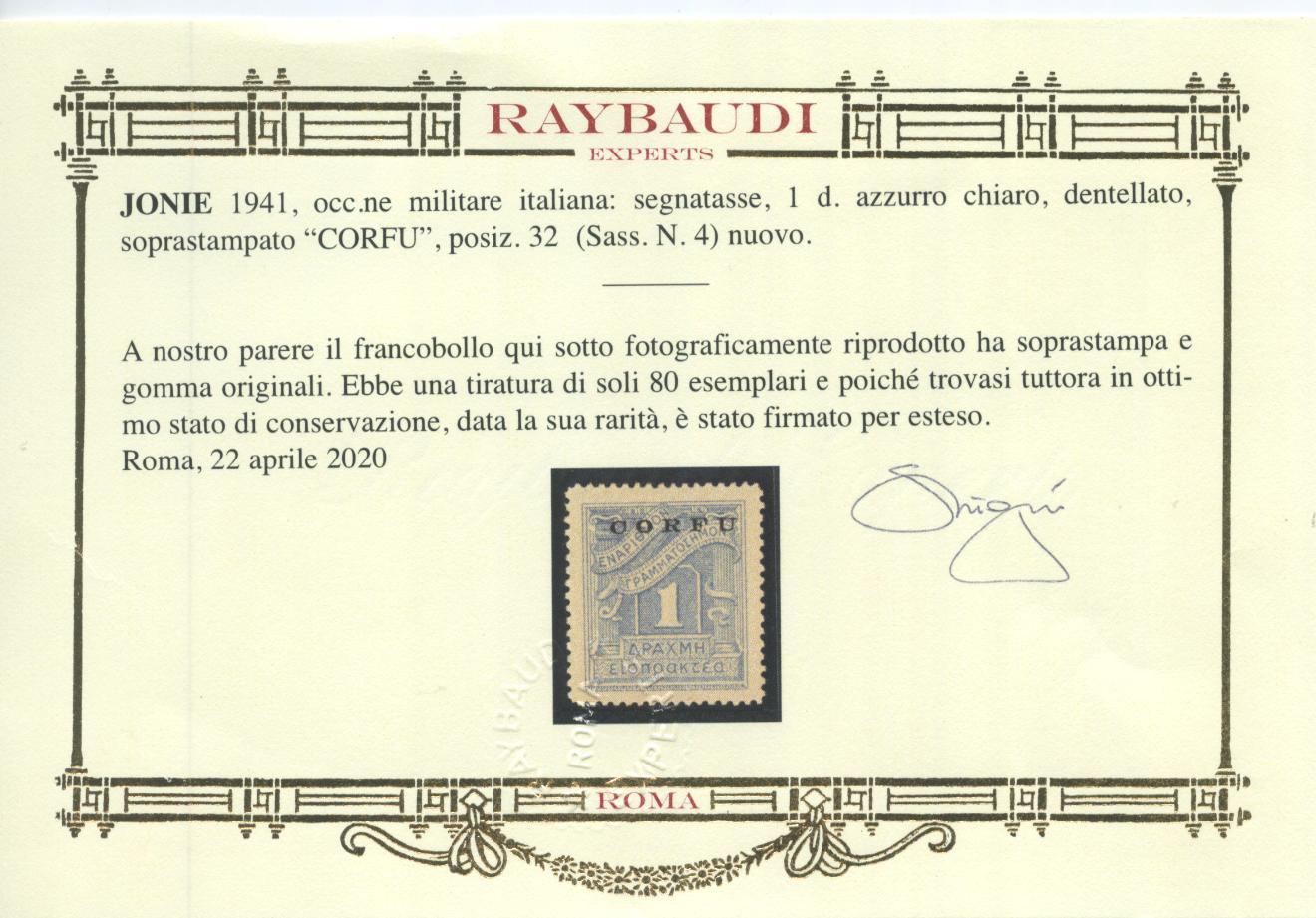 Scansione lotto: OCCUPAZIONI CORFU 1941 TASSE N.4 * LUSSO CERT.