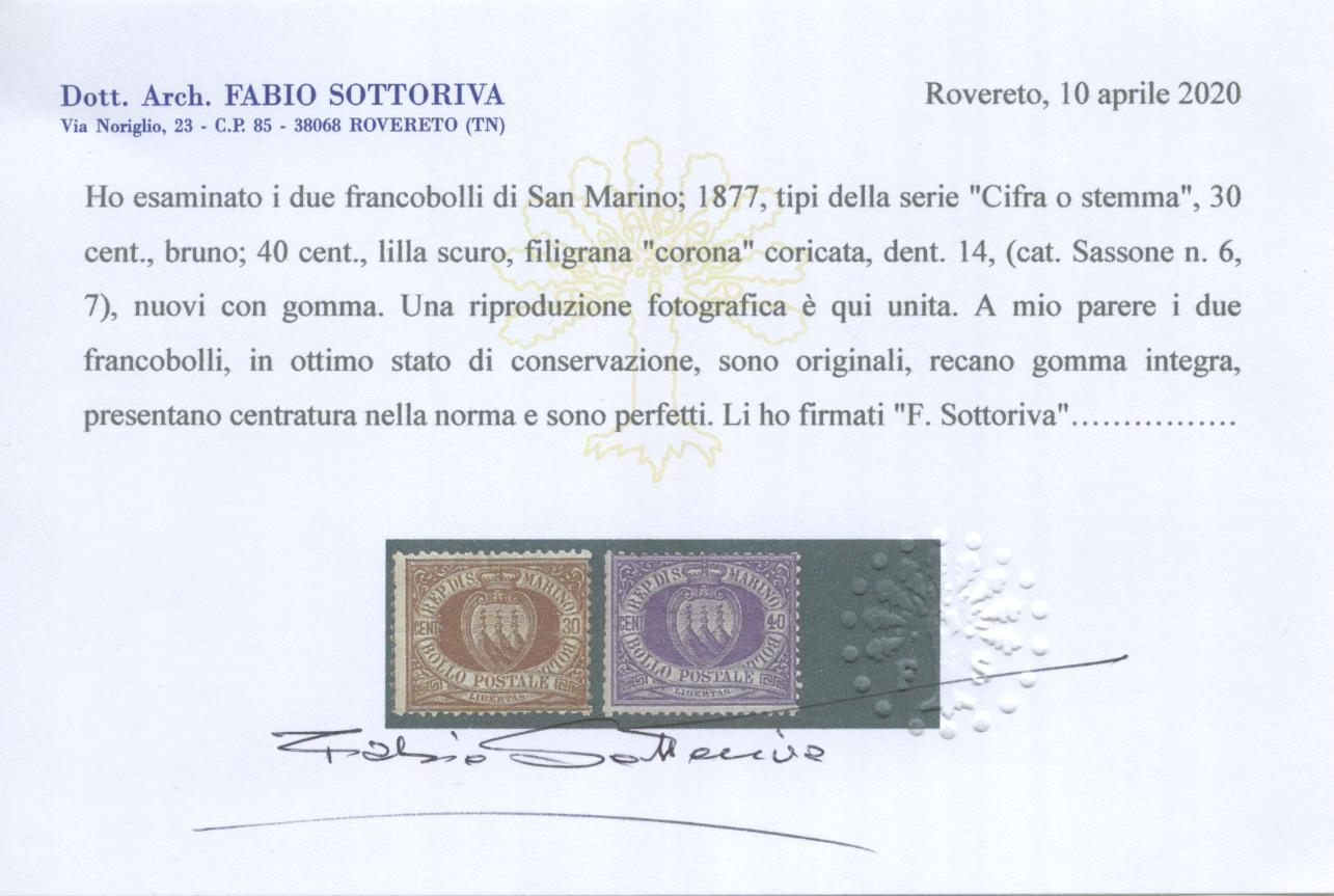 Scansione lotto: SAN MARINO 1877 SERIE CPL. 7V. **  CERT.