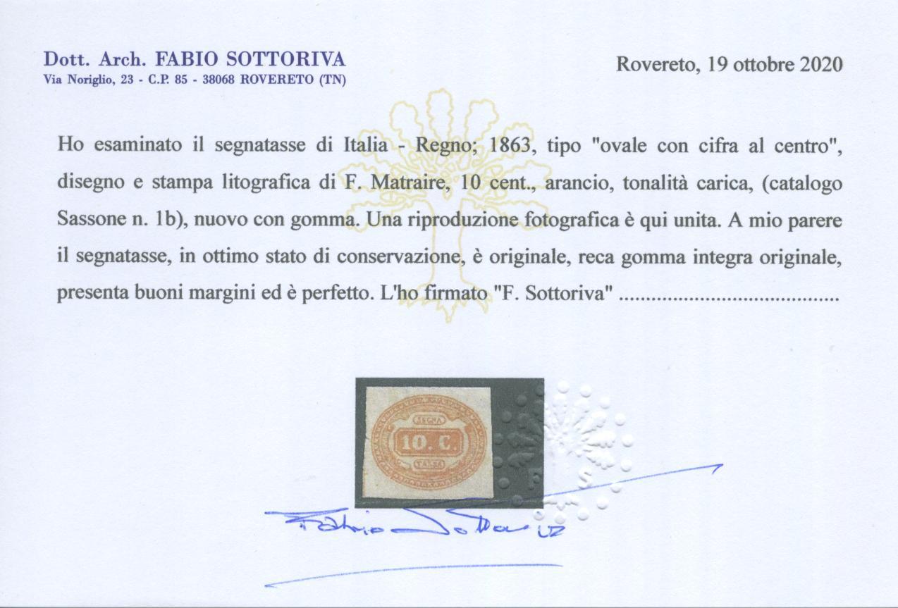 Scansione lotto: REGNO 1863 TASSE 10C. ARANCIO 2 **  CERT.