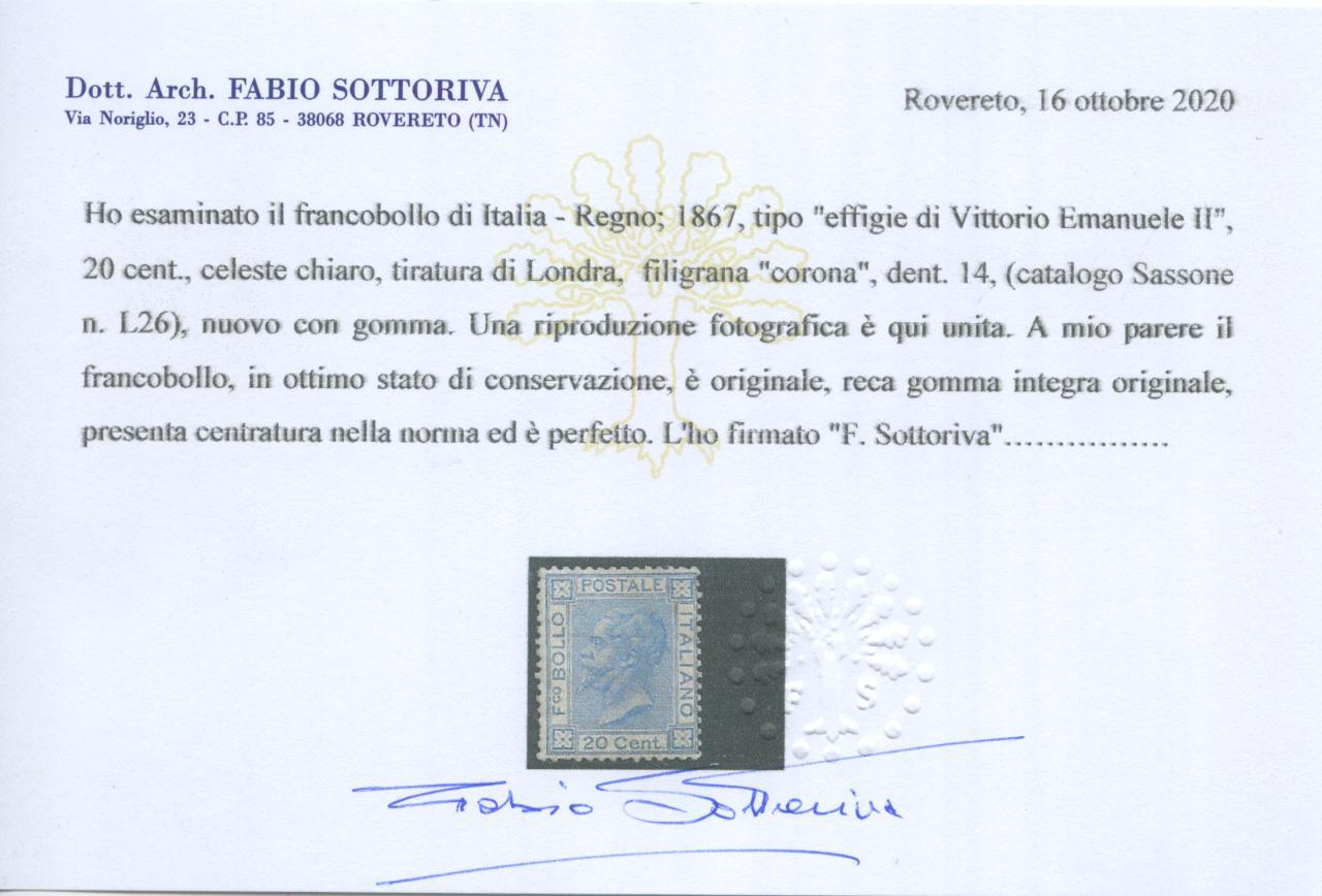 Scansione lotto: REGNO 1867 20C. LONDRA **  CERT.