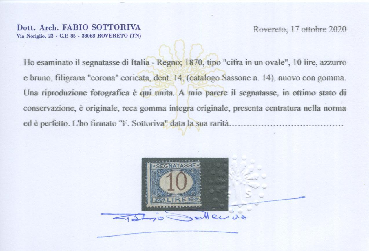 Scansione lotto: REGNO 1870 TASSE L.10 **  CERT.