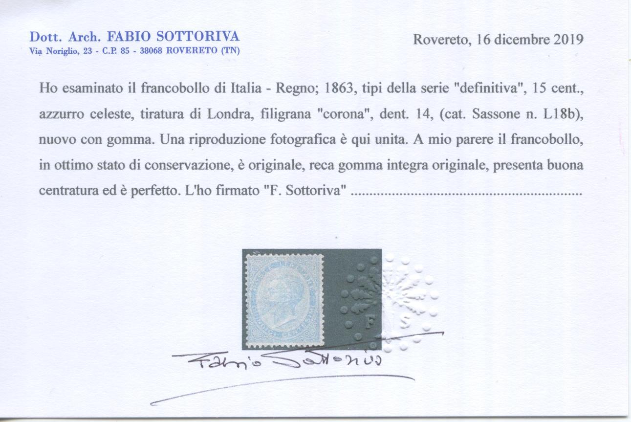 Scansione lotto: REGNO 1863 15C. CELESTE CHIARO 8 **  CERT.