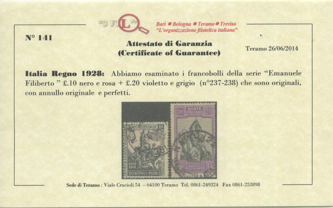 Scansione lotto: REGNO 1928 FILIBERTO 13V. 4 US.  CERT.