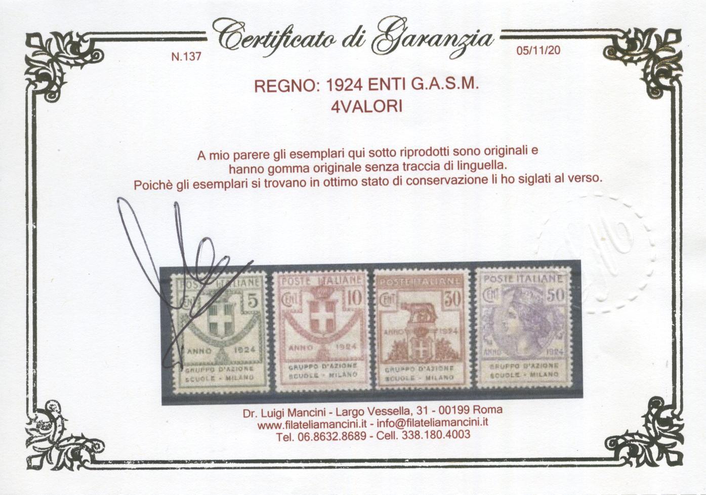 Scansione lotto: REGNO 1924 ENTI G.A.S.M. 4V. ** CENTRATO CERT.