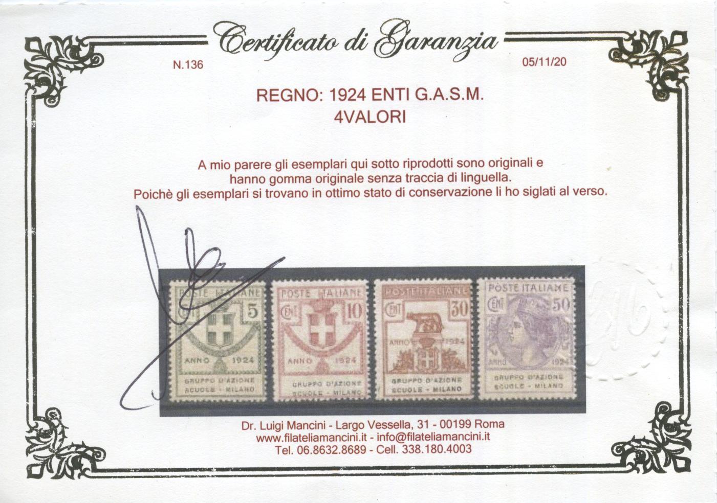 Scansione lotto: REGNO 1924 ENTI G.A.S.M. 4V. **  CERT.