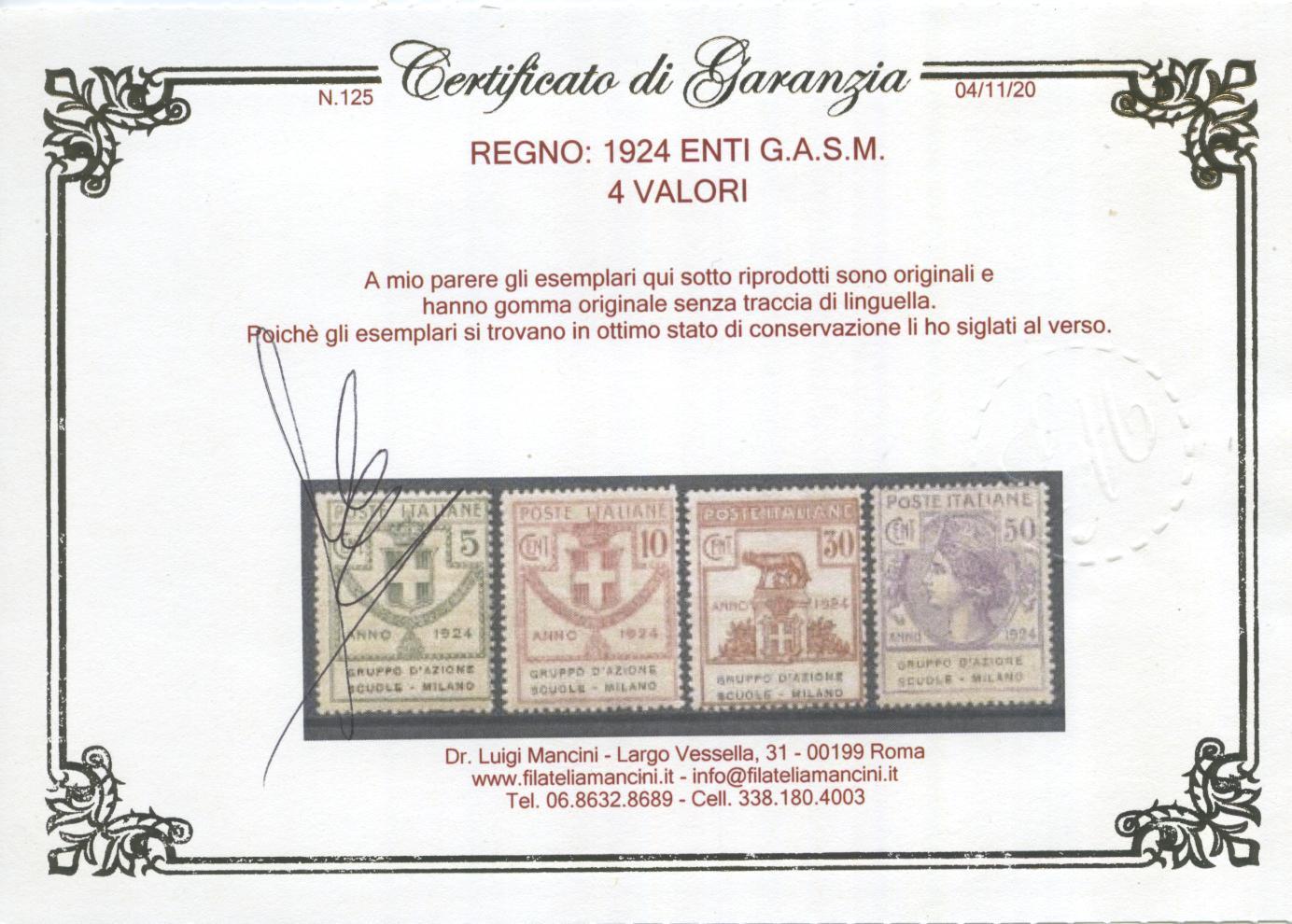 Scansione lotto: REGNO 1924 ENTI G.A.S.M. 4V. 2 **  CERT.