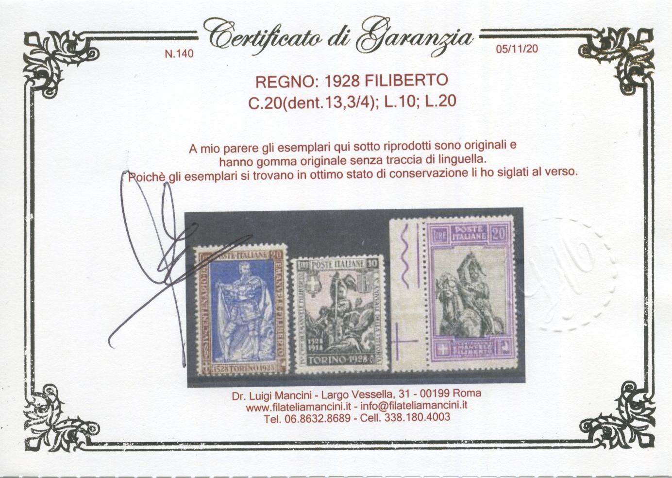 Scansione lotto: REGNO 1928 FILIBERTO 13V. 6 ** CENTRATO CERT.