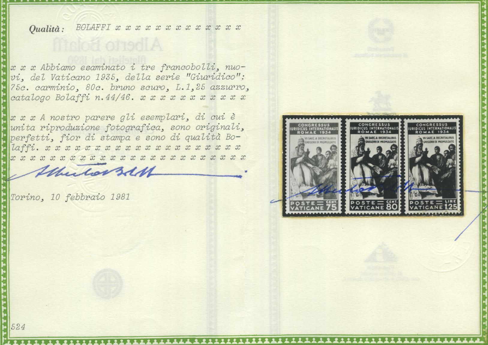 Scansione lotto: VATICANO 1935 GIURIDICO 6V. 2 ** LUSSO CERT.