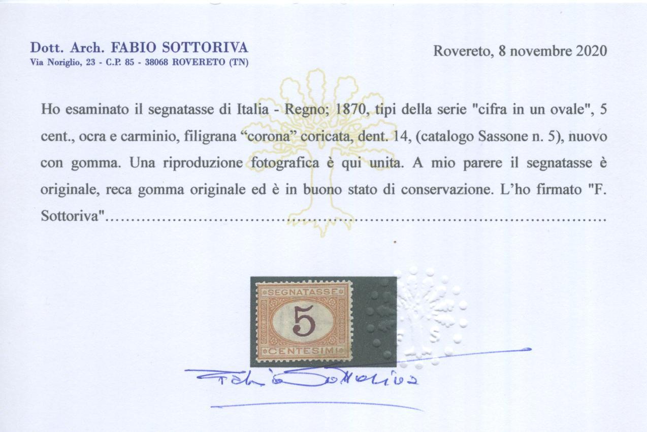 Scansione lotto: REGNO 1870 TASSE C.5 OCRA * CENTRATO CERT.