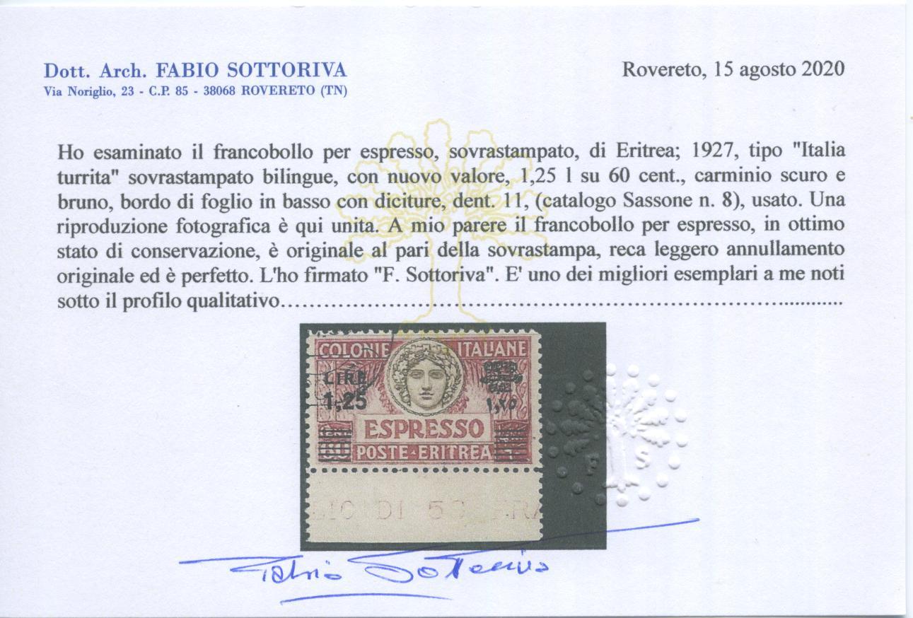 Scansione lotto: COLONIE ERITREA 1935 ESPRESSO N.8 US. LUSSO CERT.