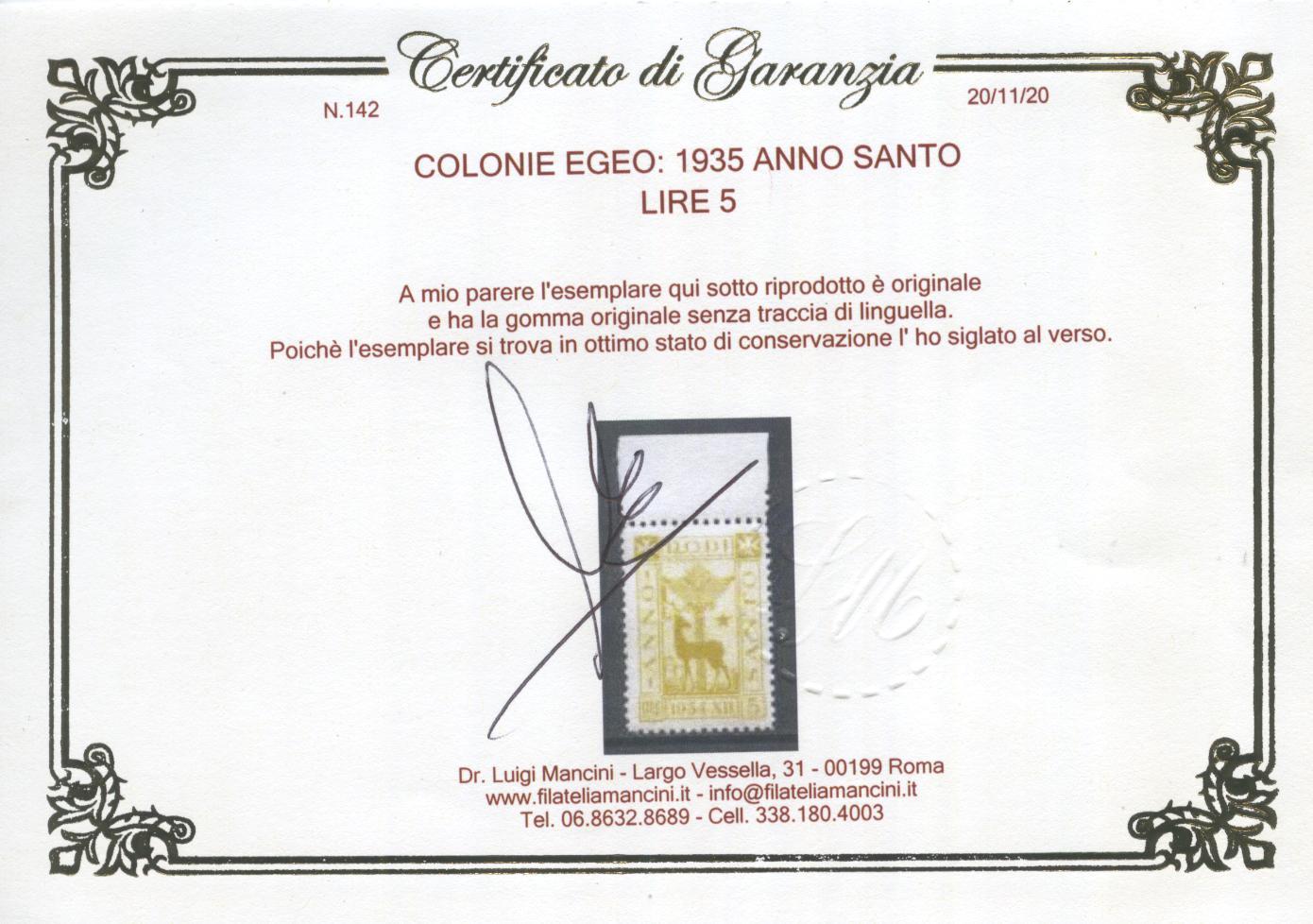 Scansione lotto: COLONIE EGEO 1935 ANNO SANTO 8V. 2 **  CERT.