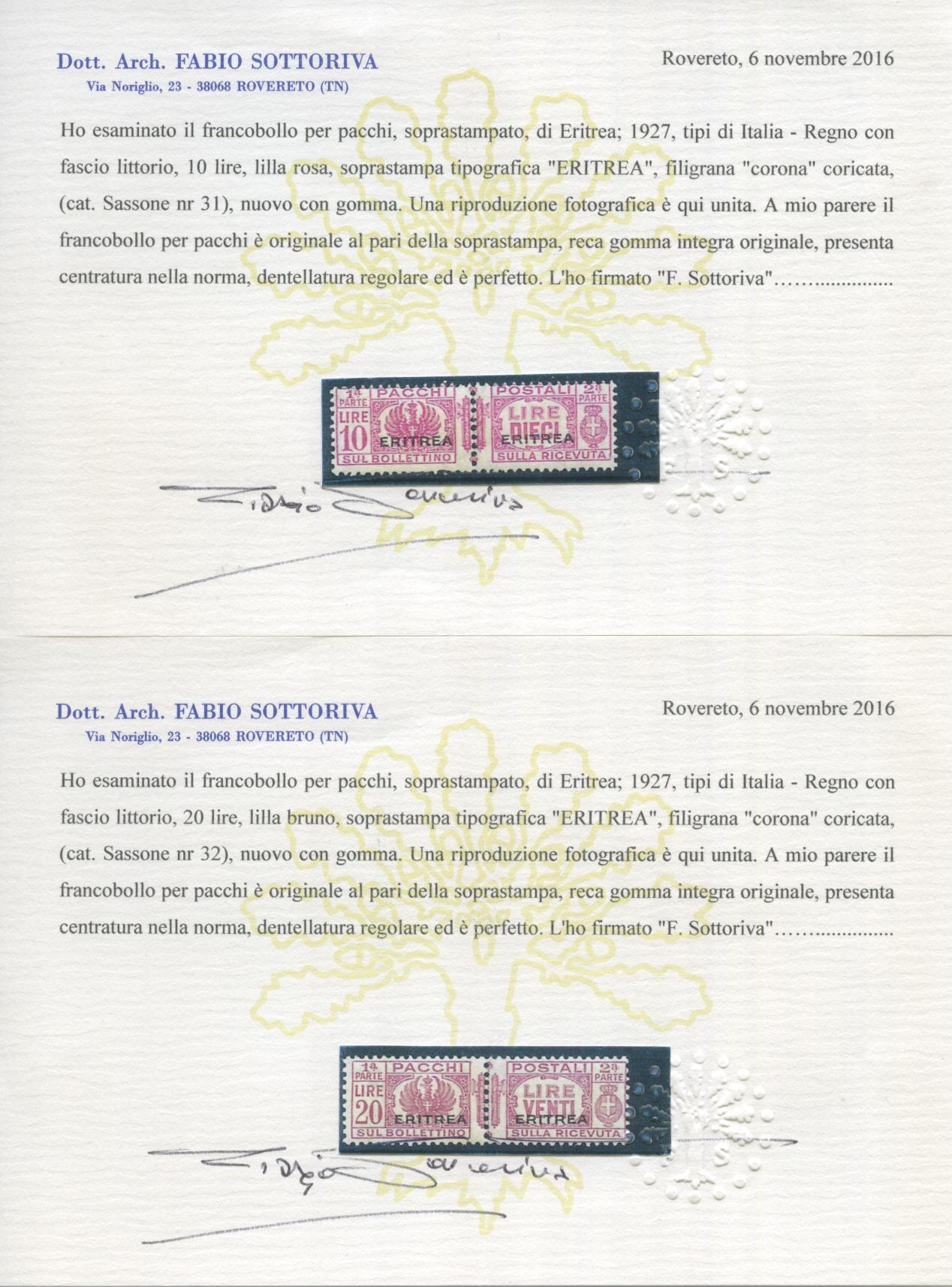 Scansione lotto: COLONIE ERITREA 1927/37 PACCHI L.10 E L.20 **  CERT.