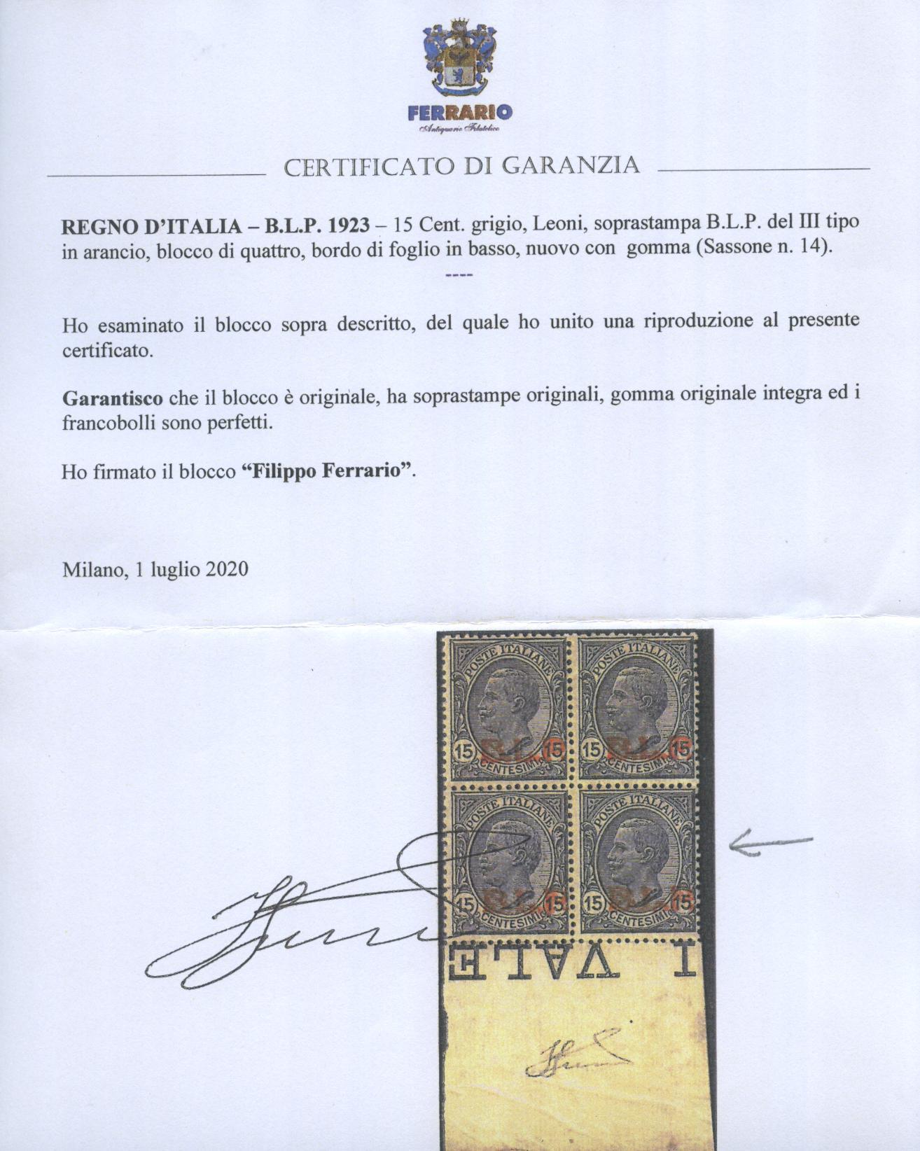 Scansione lotto: REGNO 1923 BLP 15C. III TIPO 2 ** CENTRATO CERT.