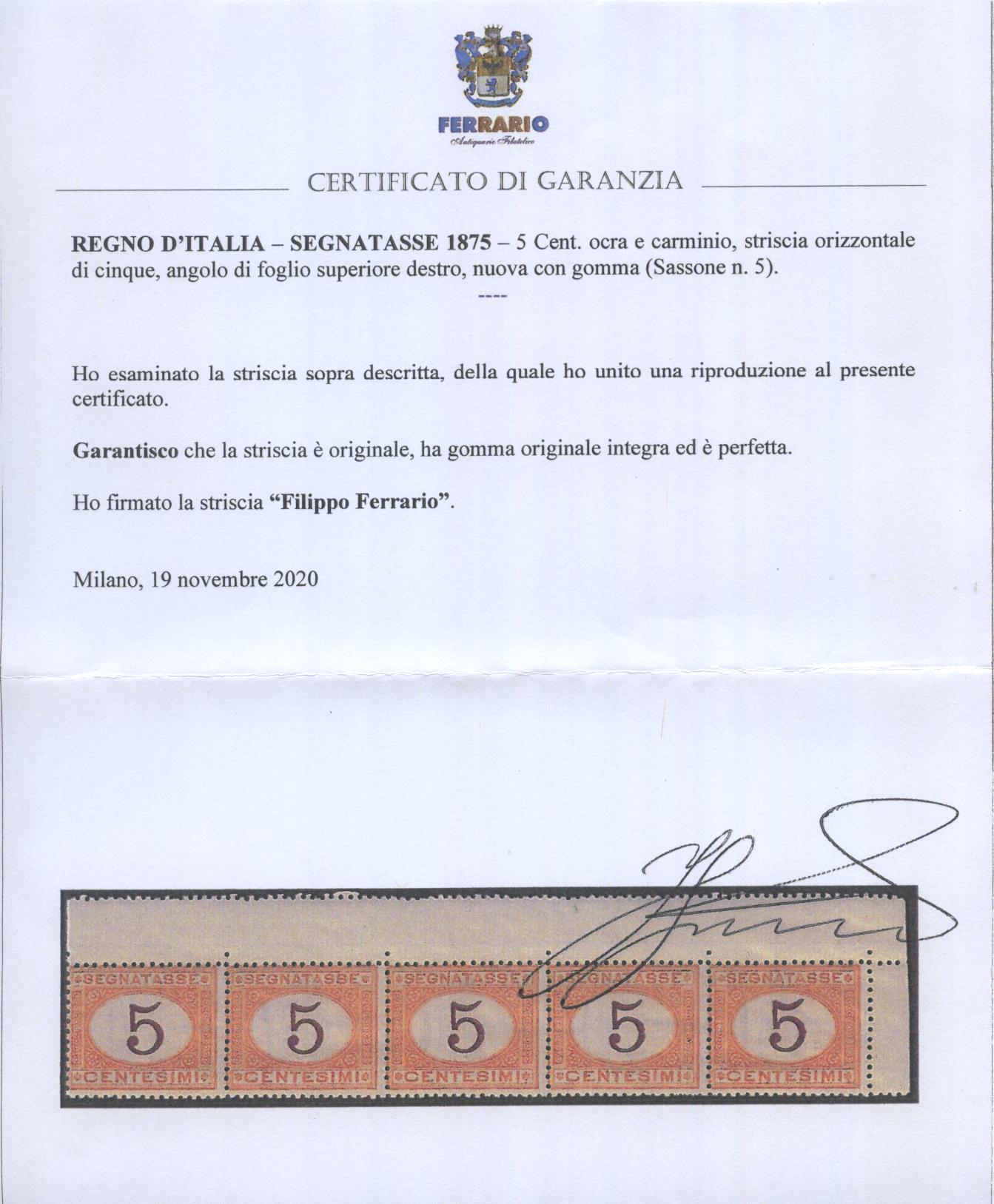 Scansione lotto: REGNO 1870 TASSE C.5 OCRA 4 ** CENTRATO CERT.