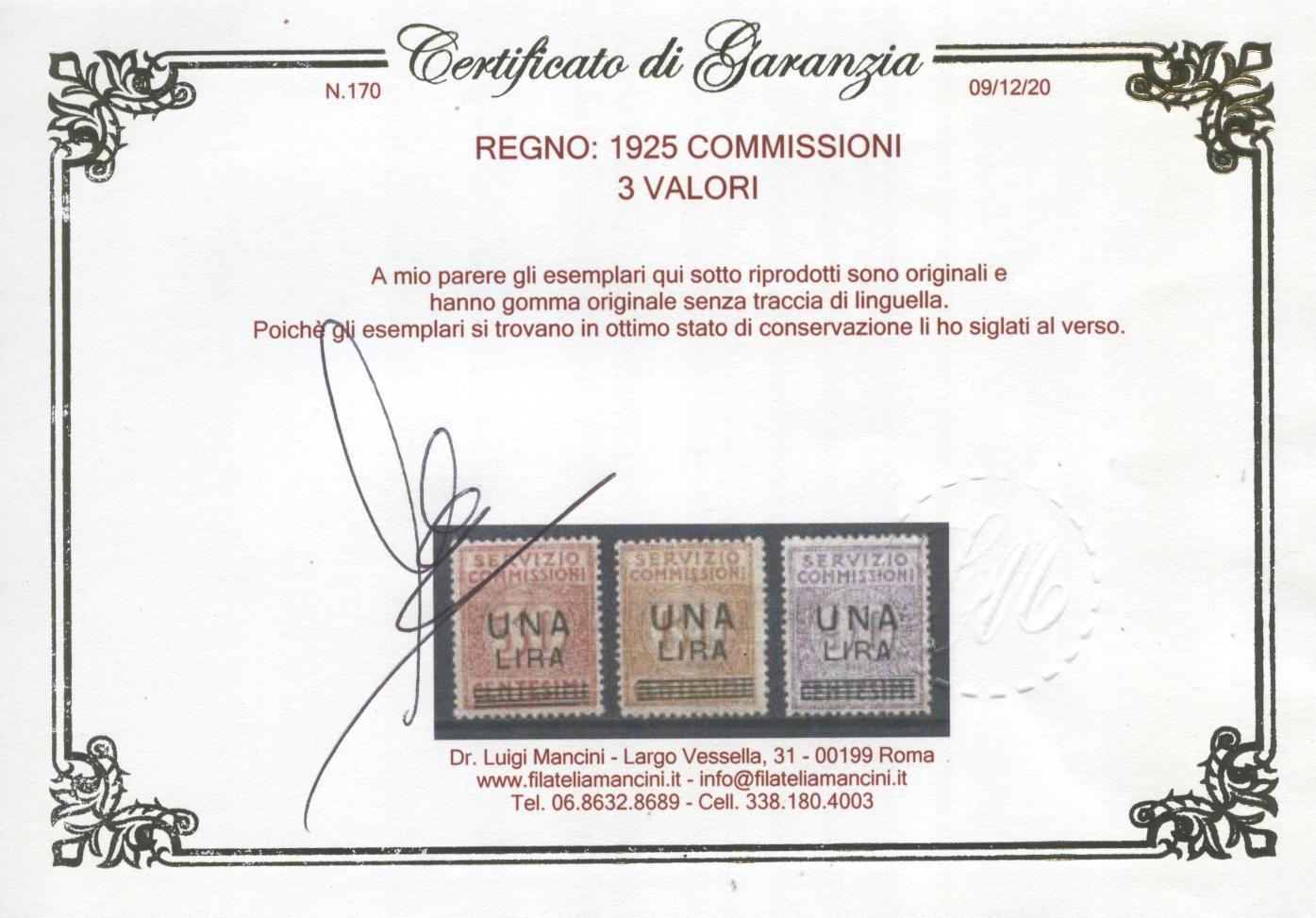 Scansione lotto: REGNO 1925 COMMISSIONI SOVR. 3V. 3 ** CENTRATO CERT.