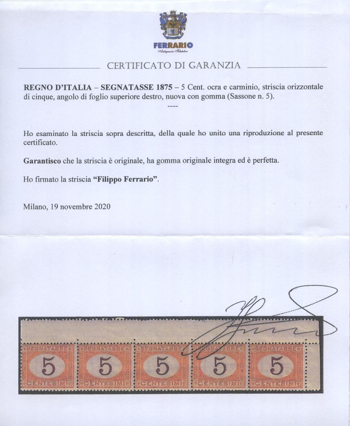 Scansione lotto: REGNO 1870 TASSE C.5 OCRA 2 ** CENTRATO CERT.