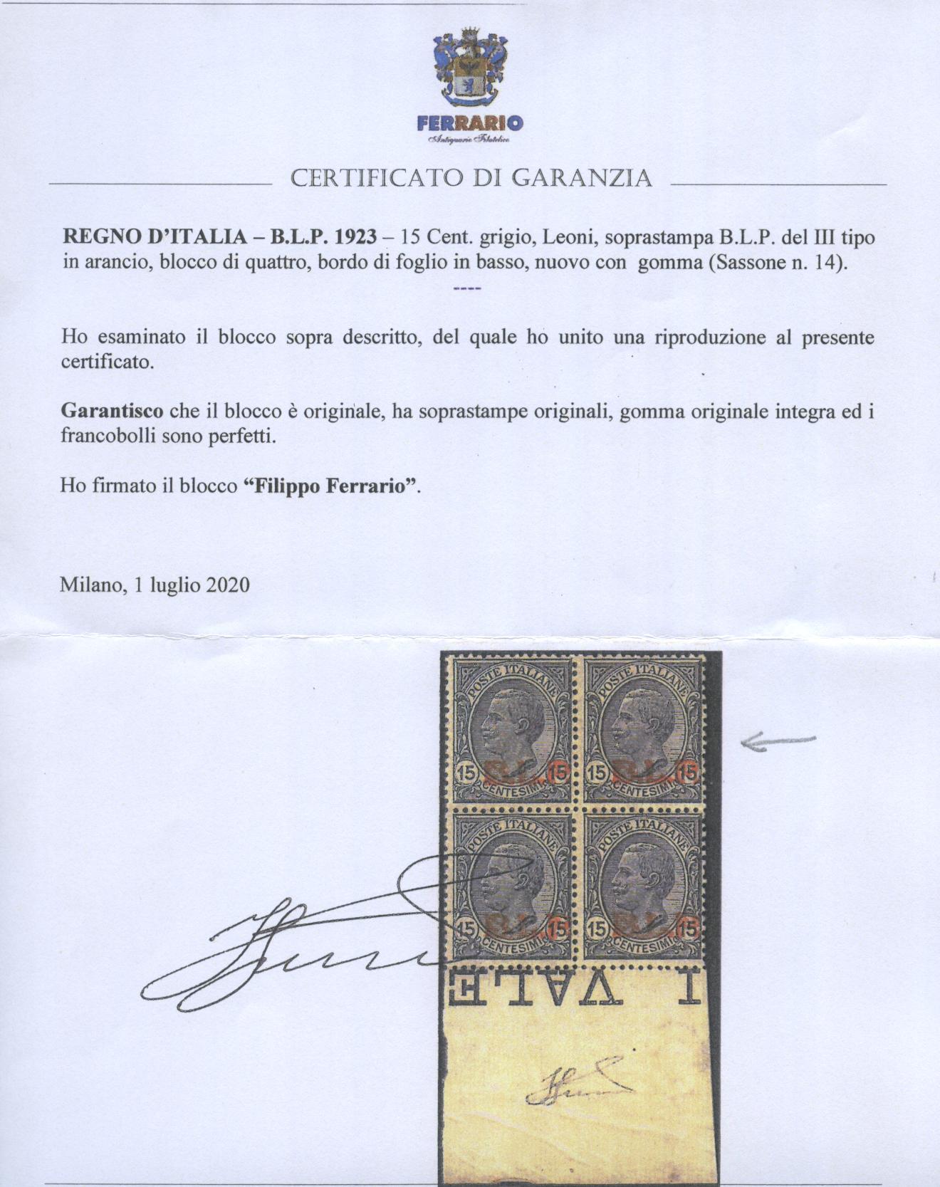 Scansione lotto: REGNO 1923 BLP 15C. III TIPO 2 **  CERT.