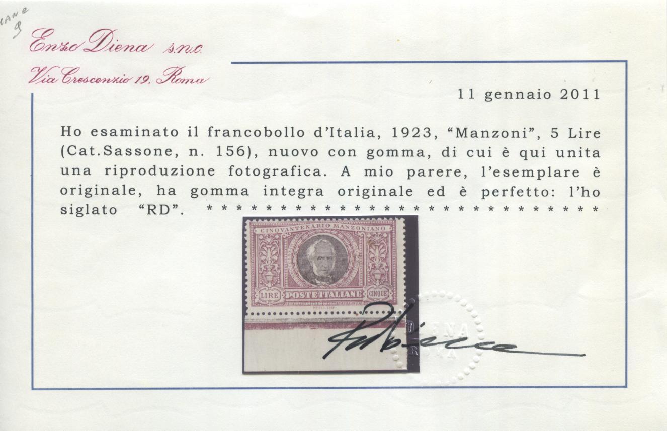 Scansione lotto: REGNO 1923 MANZONI L.5 3 ** CENTRATO CERT.