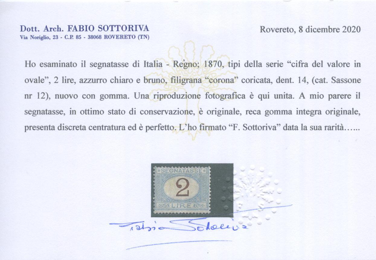 Scansione lotto: REGNO 1870 TASSE L.2 3 **  CERT.