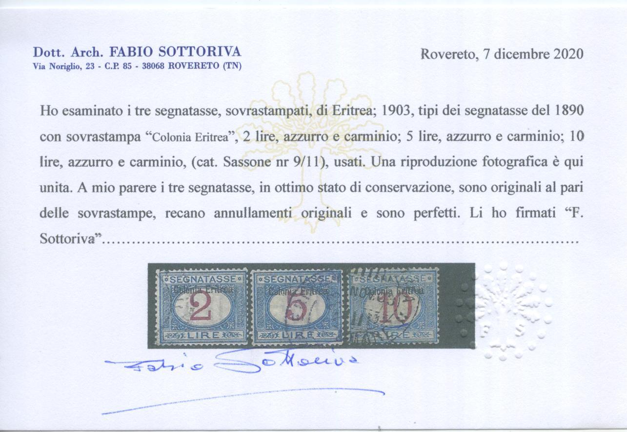 Scansione lotto: COLONIE ERITREA 1903 TASSE 11V. US. CENTRATO CERT.