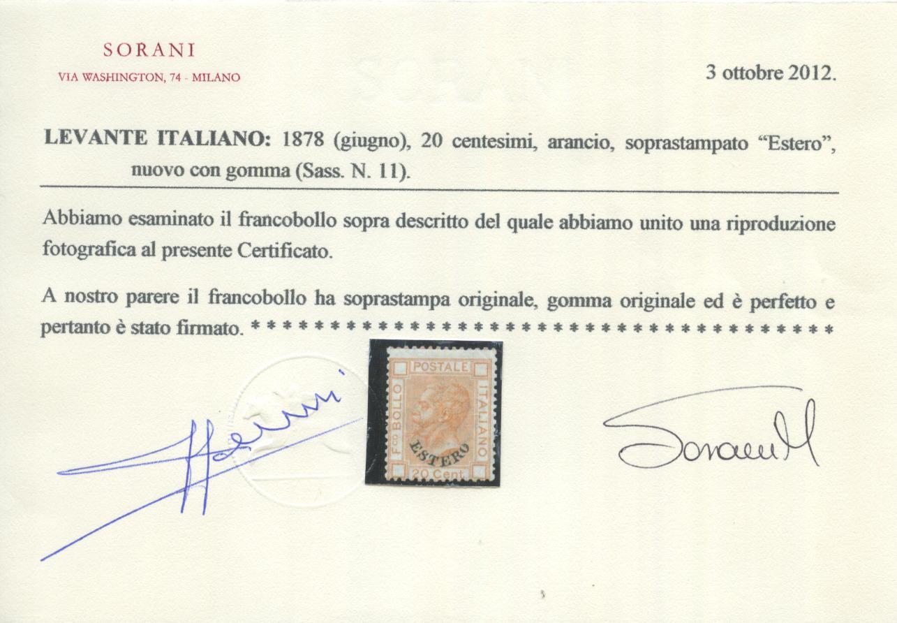 Scansione lotto: OCCUPAZIONI LEVANTE 1878 20C. ARANCIO 3 *  CERT.