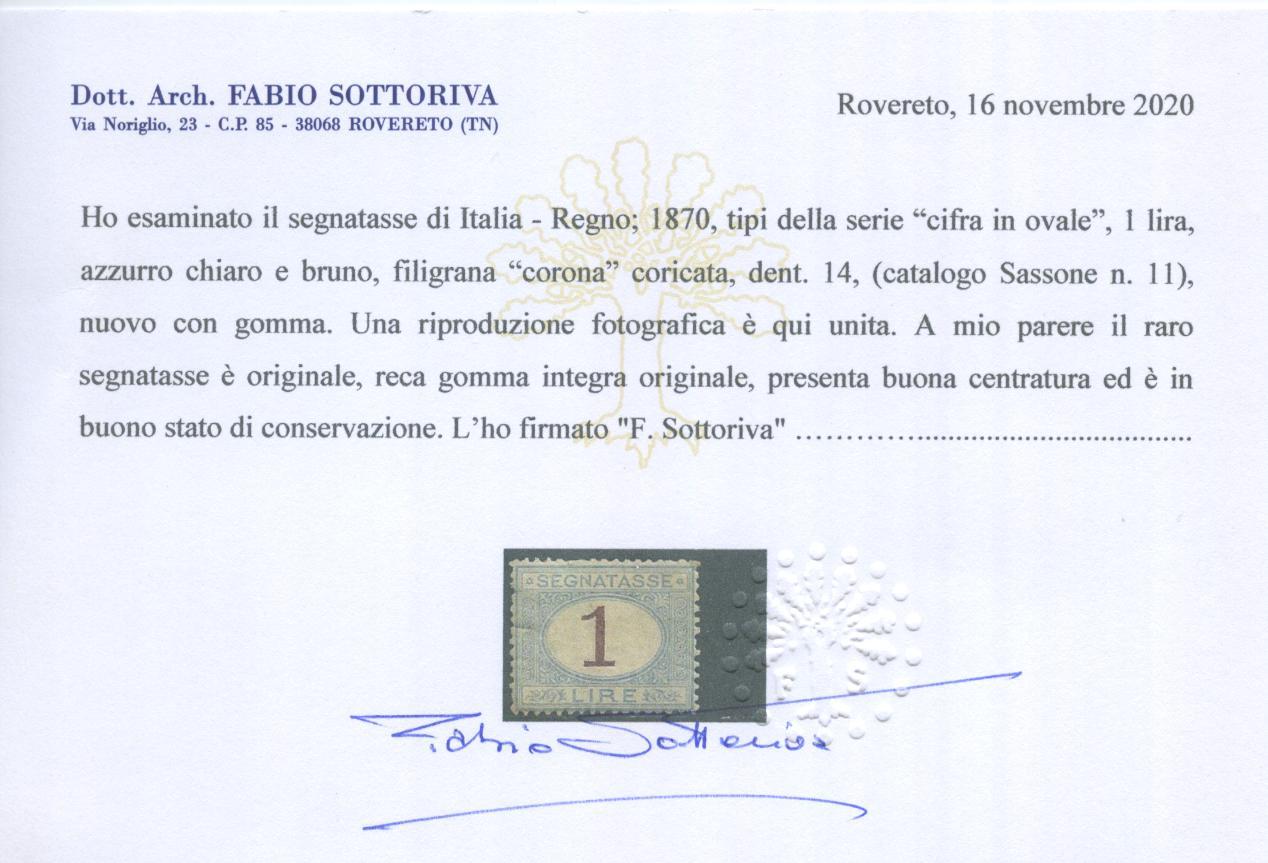 Scansione lotto: REGNO 1870 TASSE L.1 **  CERT.