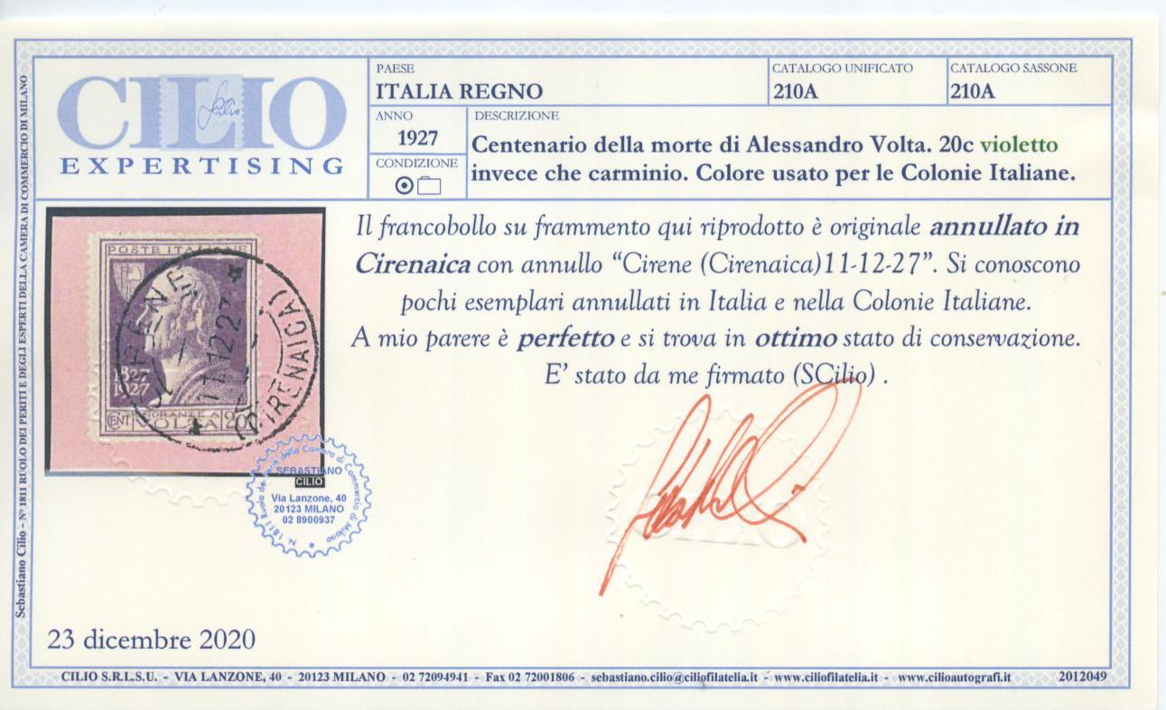 Scansione lotto: REGNO 1927 VOLTA 20C. VIOLETTO US.  CERT.