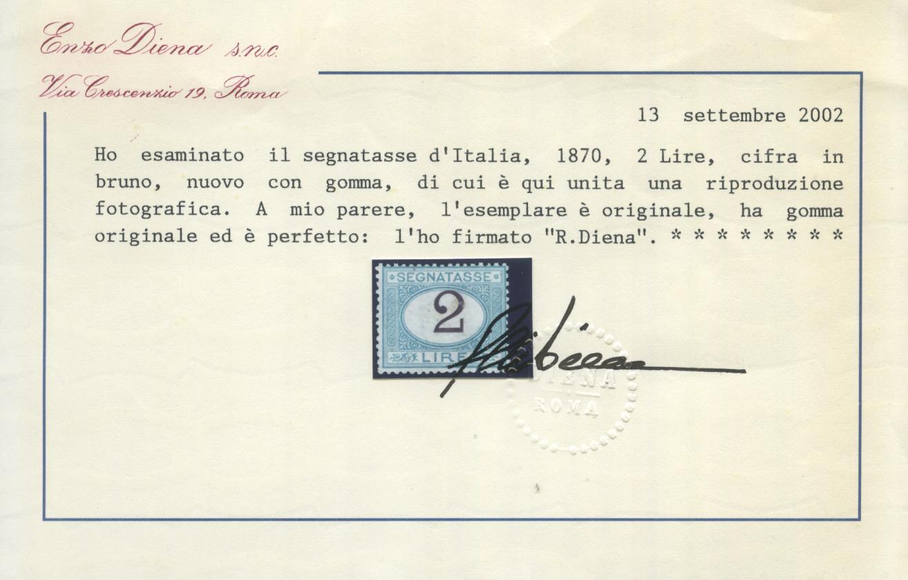 Scansione lotto: REGNO 1870 TASSE L.2 3 *  CERT.