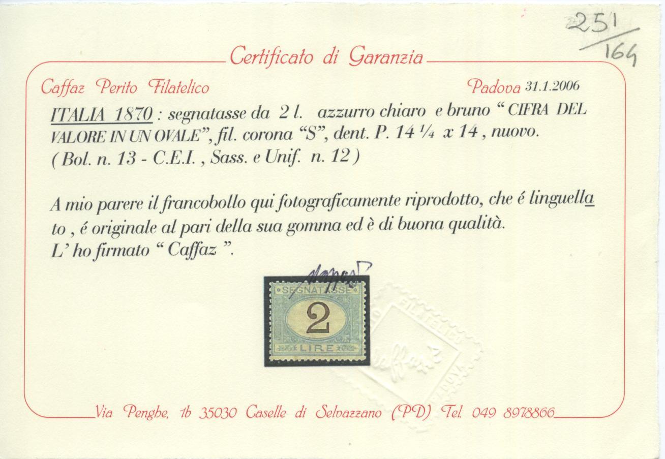 Scansione lotto: REGNO 1870 TASSE L.2 *  CERT.