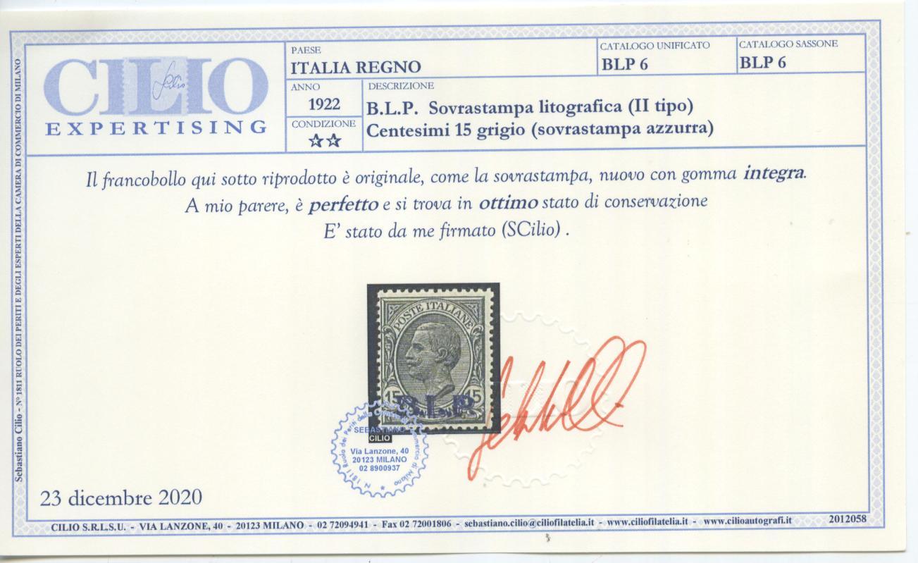 Scansione lotto: REGNO 1922 BLP 15C. II TIPO ** LUSSO CERT.