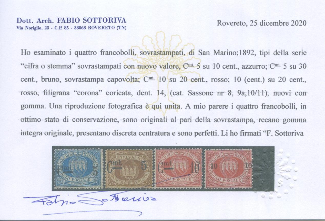 Scansione lotto: SAN MARINO 1892 SOVR. 4V. CON VARIETA' **  CERT.