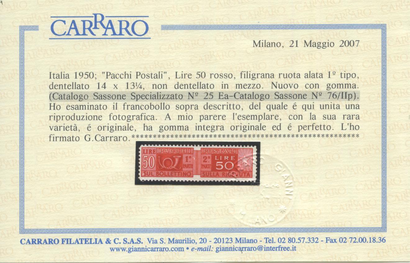 Scansione lotto: REPUBBLICA 1946/51 PACCHI L.50 N.76 IIp ** LUSSO CERT.