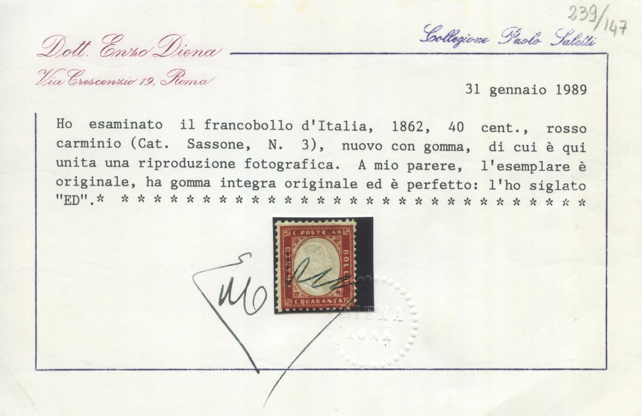 Scansione lotto: REGNO 1862 40C. ROSSO ** CENTRATO CERT.