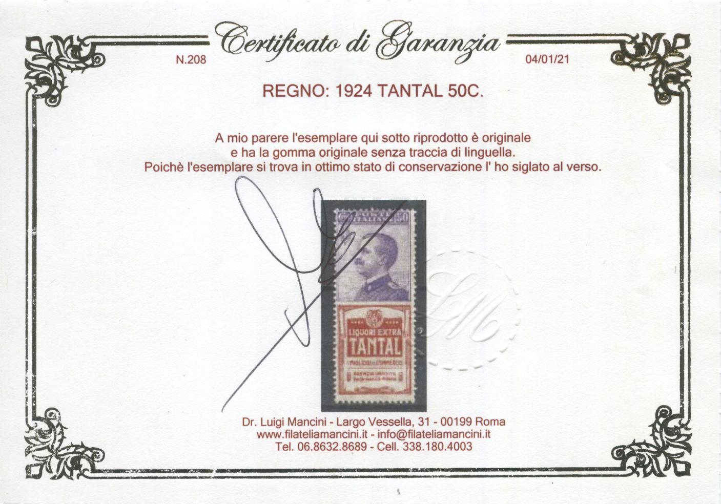 Scansione lotto: REGNO 1924 50C. TANTAL 3 **  CERT.