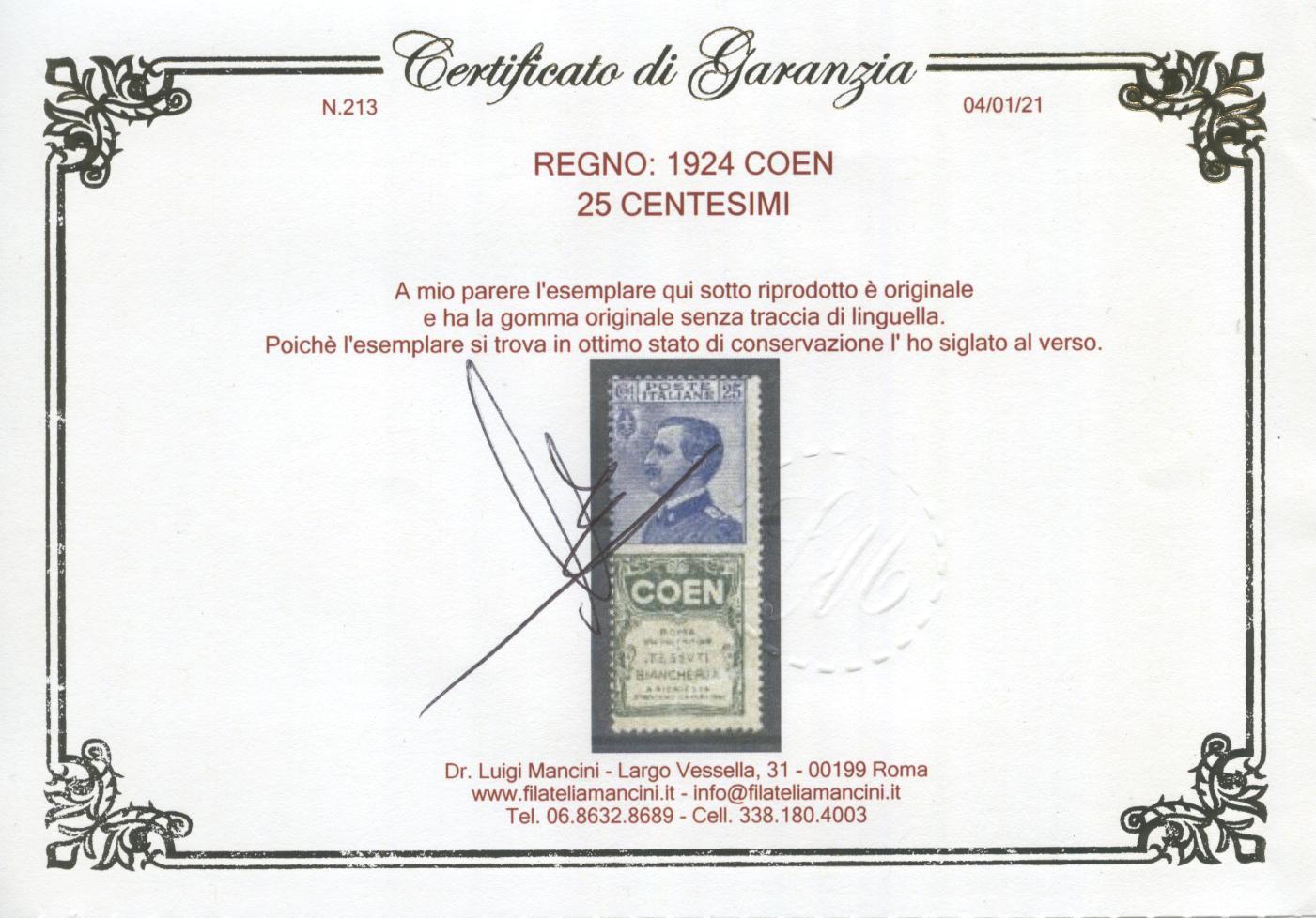 Scansione lotto: REGNO 1924 25C. COEN 2 **  CERT.