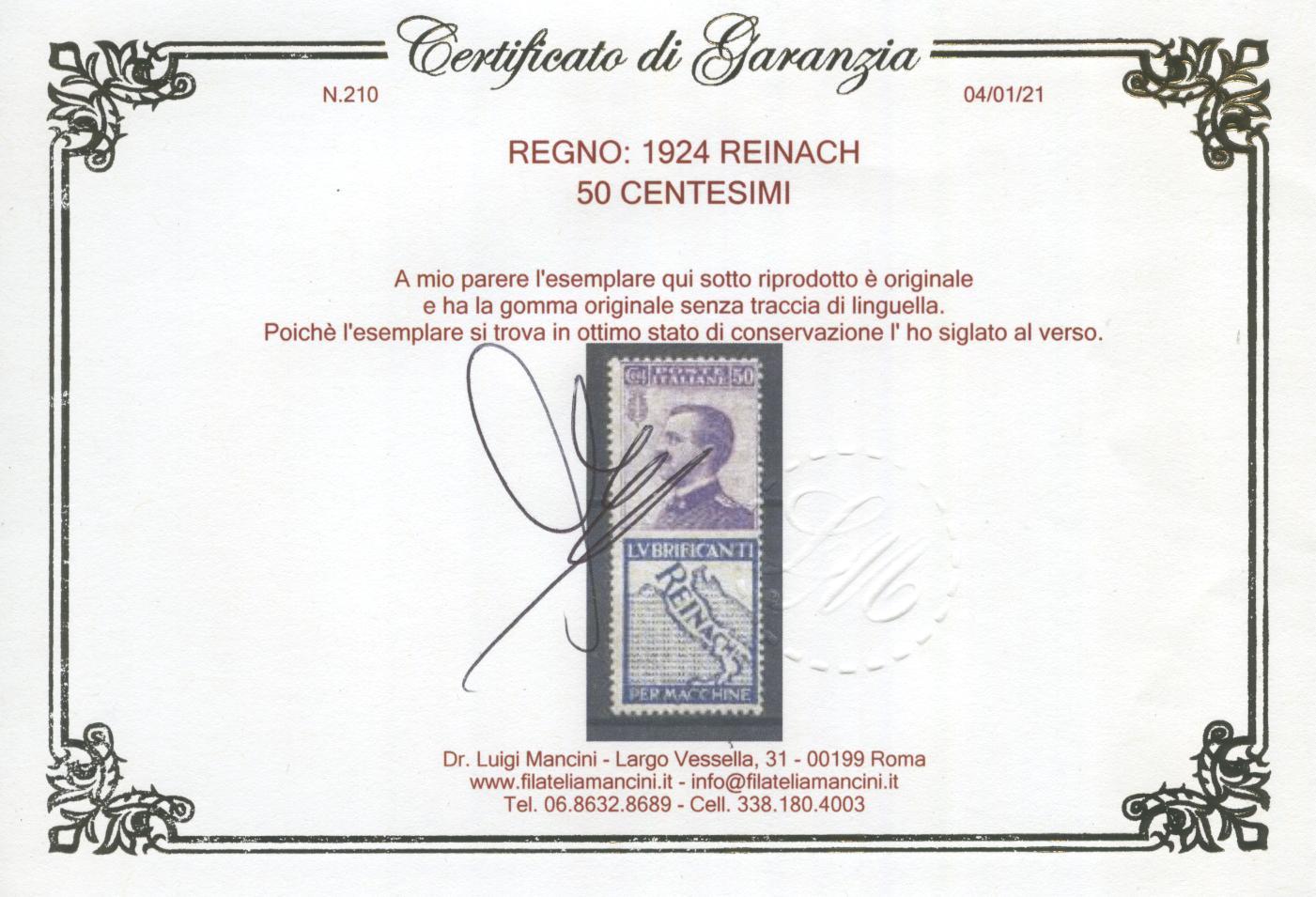 Scansione lotto: REGNO 1924 50C. REINACH 5 **  CERT.