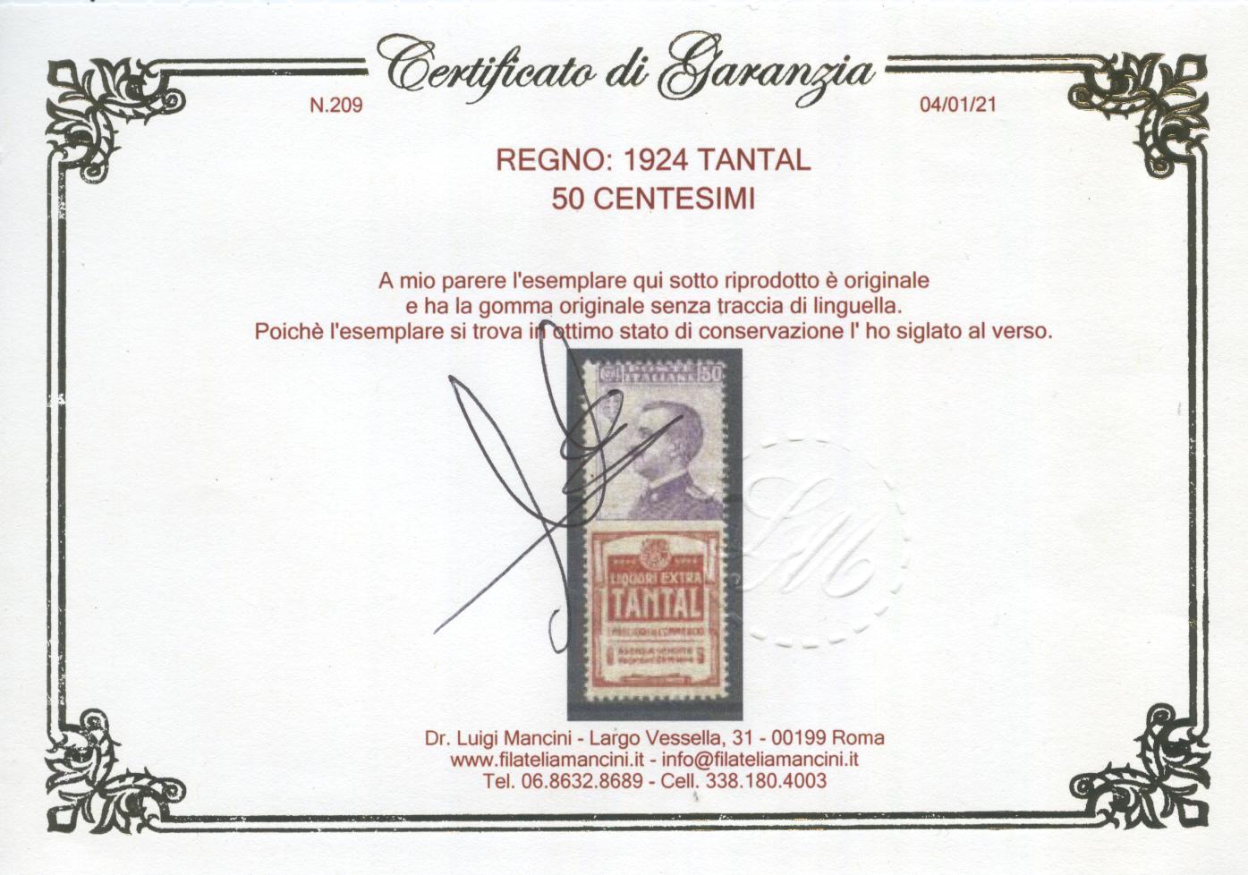 Scansione lotto: REGNO 1924 50C. TANTAL 4 **  CERT.