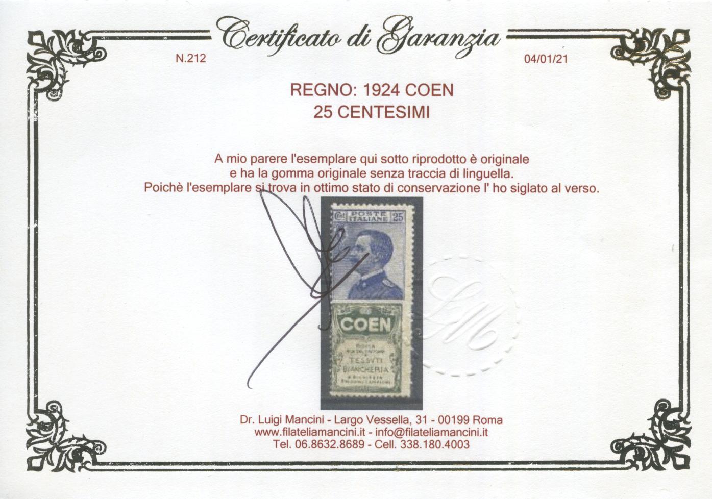 Scansione lotto: REGNO 1924 25C. COEN 5 **  CERT.