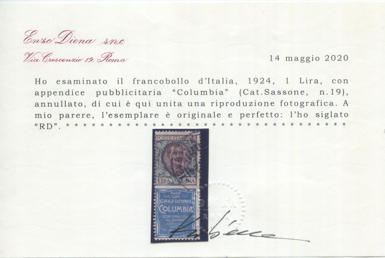 Scansione lotto: REGNO 1924 L.1 COLUMBIA US.  CERT.