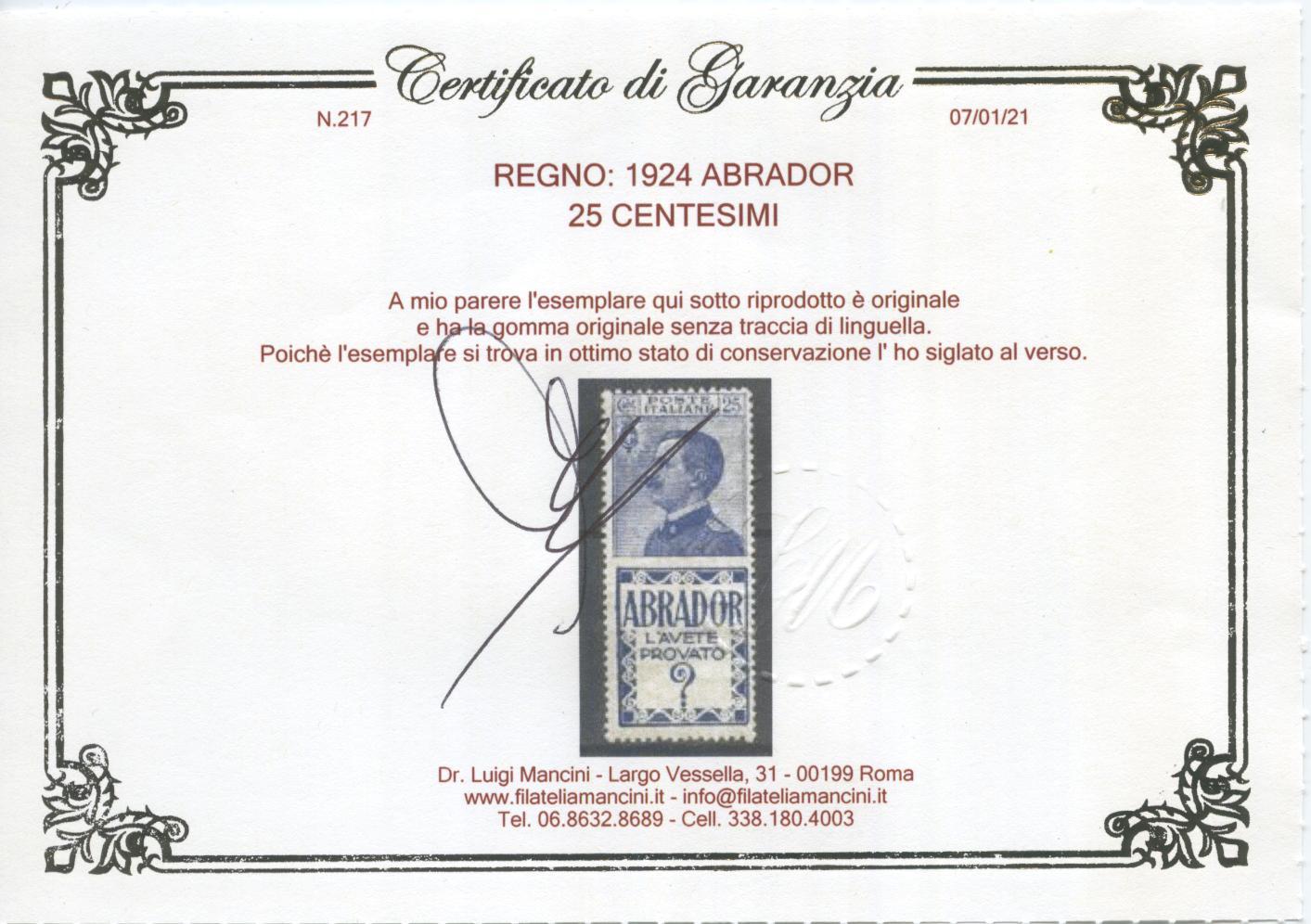 Scansione lotto: REGNO 1924 25C. ABRADOR 3 ** CENTRATO CERT.