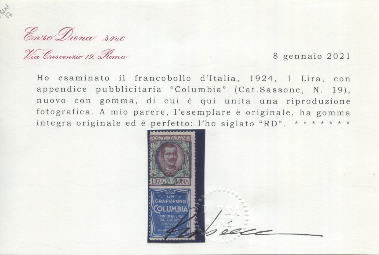 Scansione lotto: REGNO 1924 L.1 COLUMBIA **  CERT.